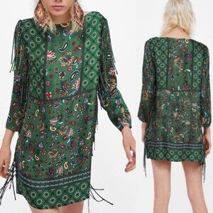 ZARA Green Paisley Fringe Tunic Dress Size Small